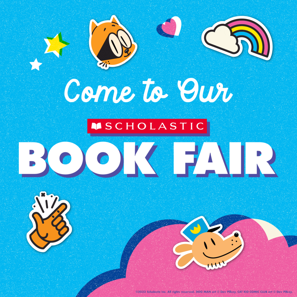 Come to Our Book Fair with licensed character icons on blue background